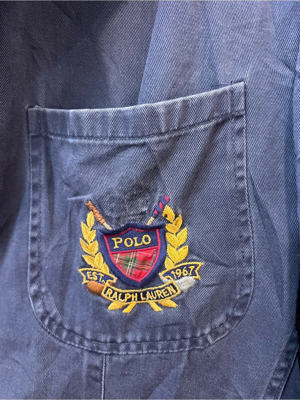 Vintage Polo Ralph Lauren Navy Cotton Crest Blazer Jacket Made USA Size L